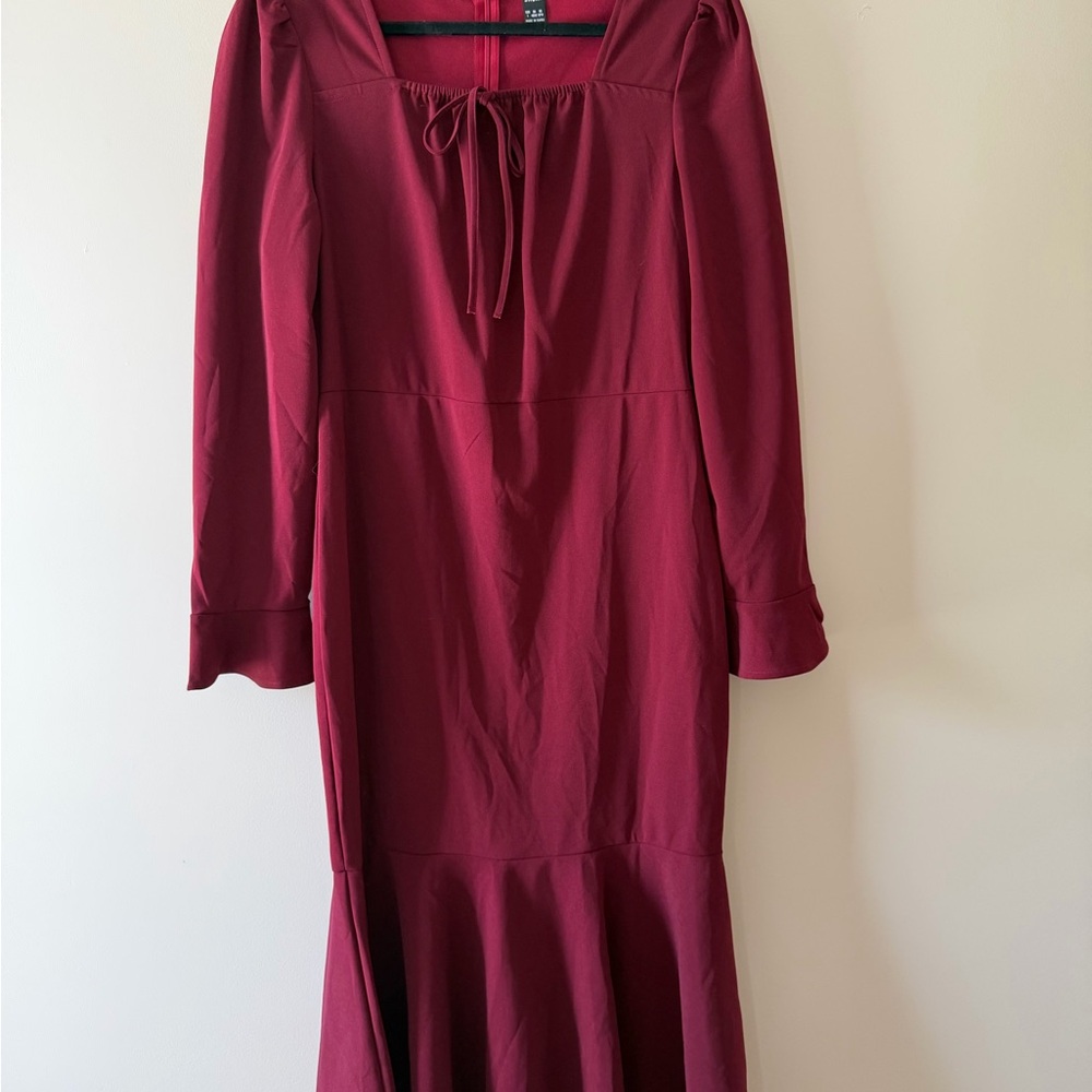 SHEIN Burgundy Long-Sleeve Tie-Neck Midi Dress